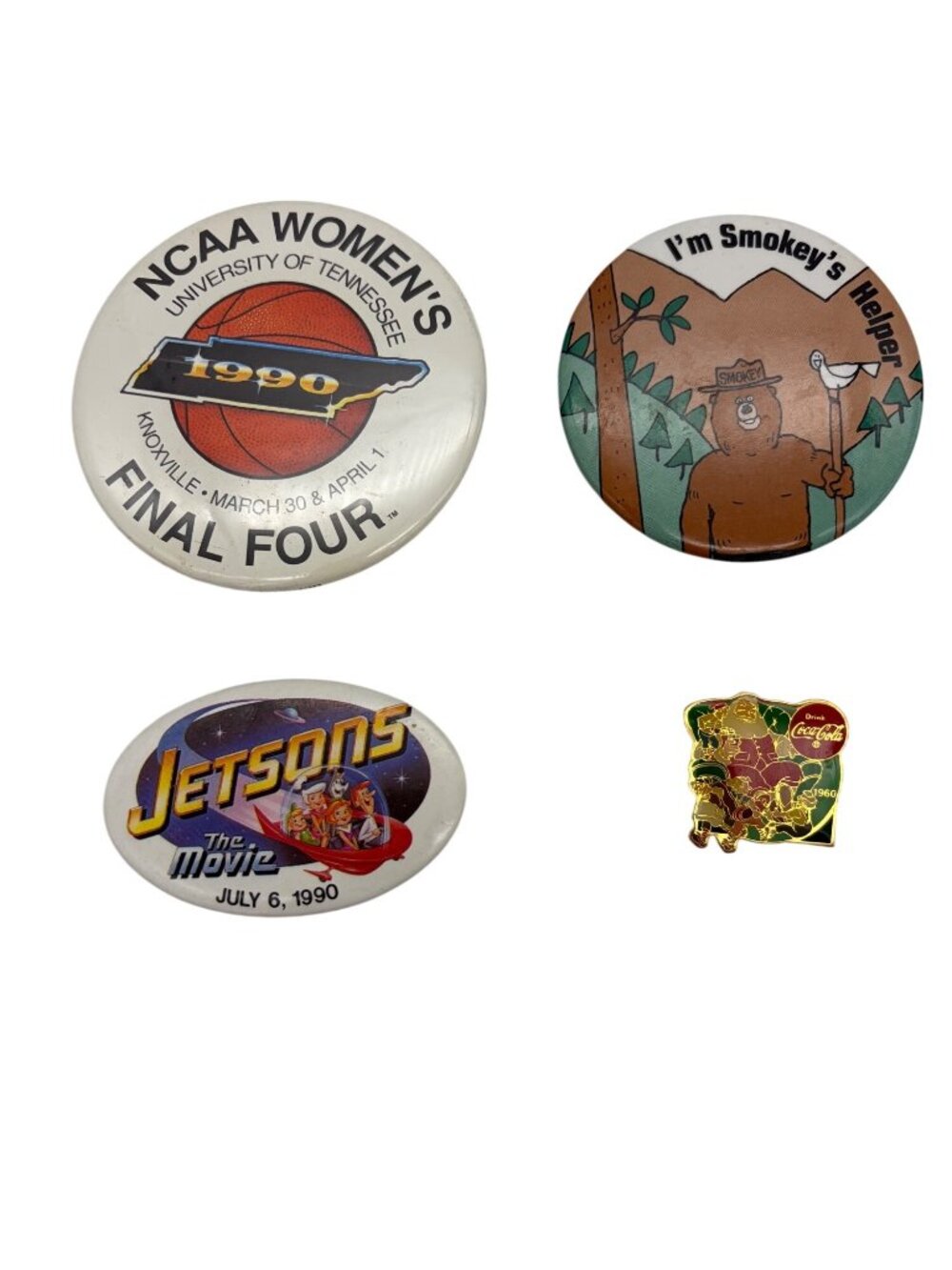 Vintage 1990 Pinback Lot NCAA UT Final Four Smokey Bear Jetsons Coca Cola Pin